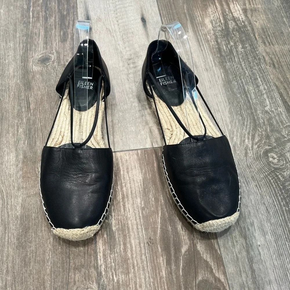 EILEEN FISHER Black Lee d'Orsay Flat Leather Espadrille Sandal 9.5M